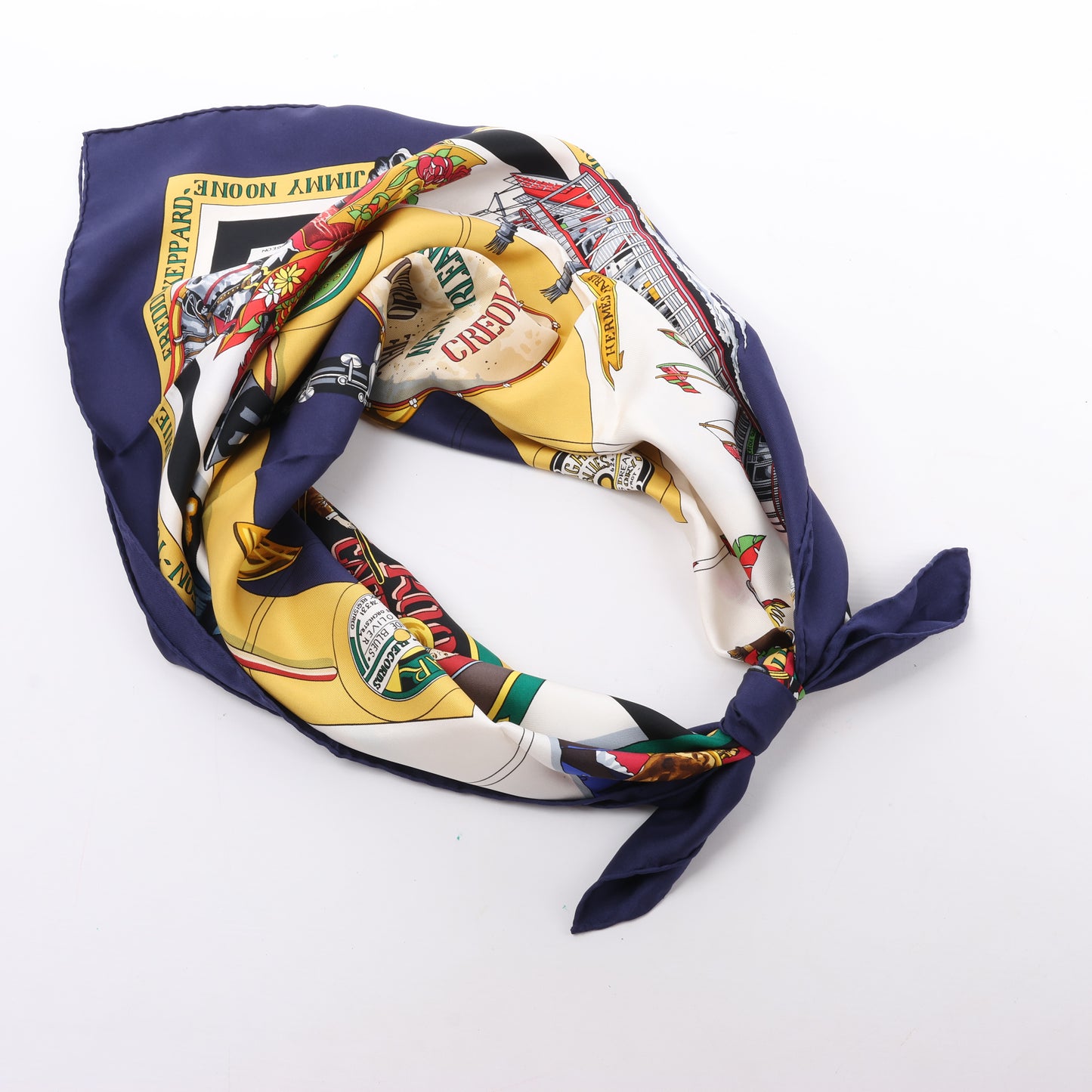 Carré Hermès Carré 90 « THE ORIGINAL NEW ORLEANS CREOLE JAZZ 1923 » 100 % soie bleu marine