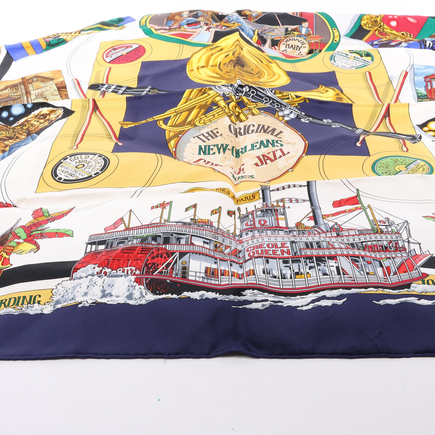 Carré Hermès Carré 90 « THE ORIGINAL NEW ORLEANS CREOLE JAZZ 1923 » 100 % soie bleu marine