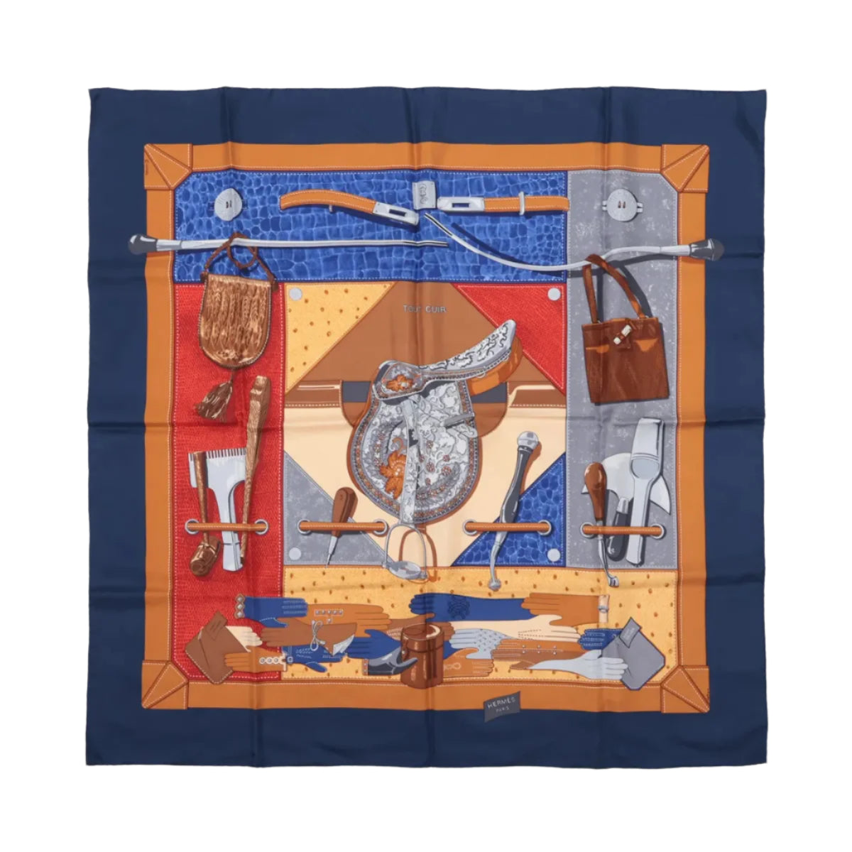 Hermès Carré 90 "TOUT CUIR" 100% Soie Foulard en Bleu Marine