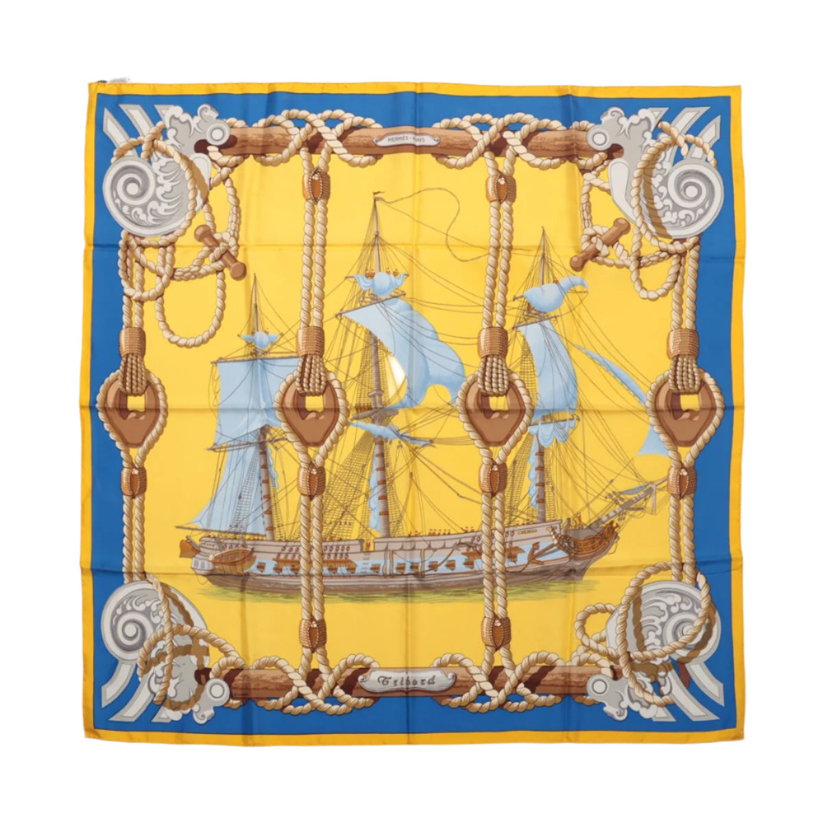 Hermès Carré 90 „Tribord“ 100 % Seidenschal in Gelb und Blau