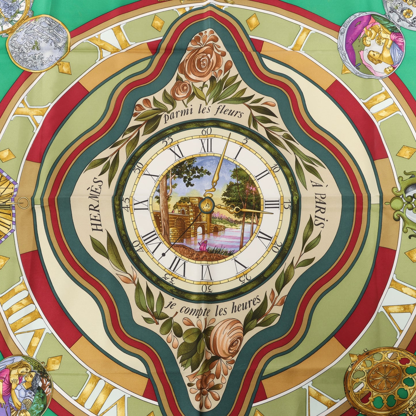 Hermès Carré 90 "La Ronde Des Heures" 100% Soie Foulard en Vert