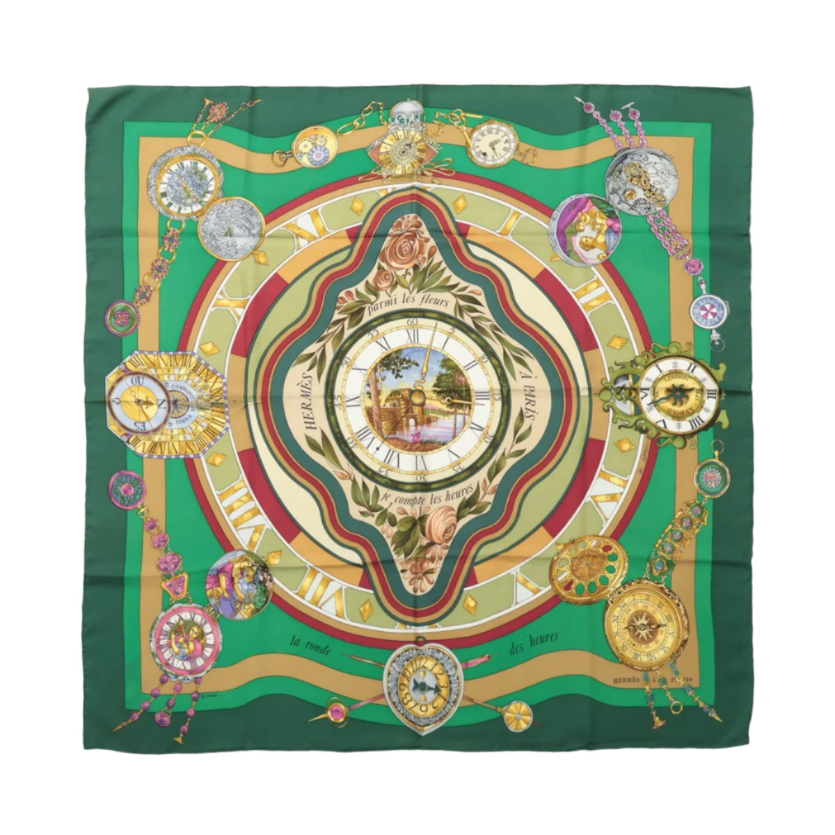 Hermès Carré 90 "La Ronde Des Heures" 100% Soie Foulard en Vert