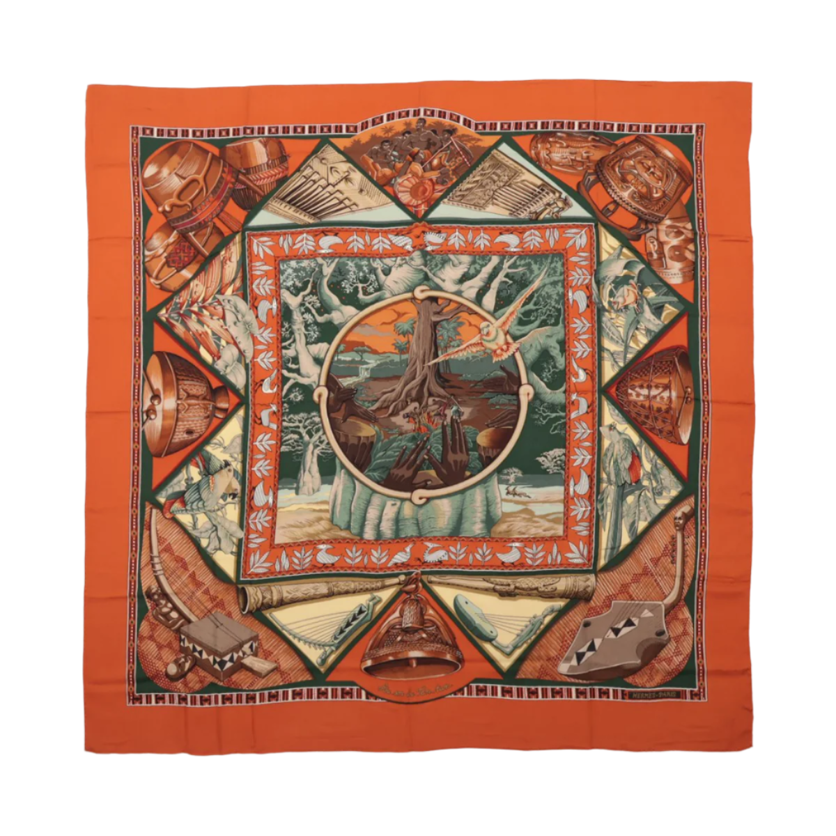Hermès Carré Geant Schal „Au Son du Tam“ aus Kaschmir und Seide in Orange
