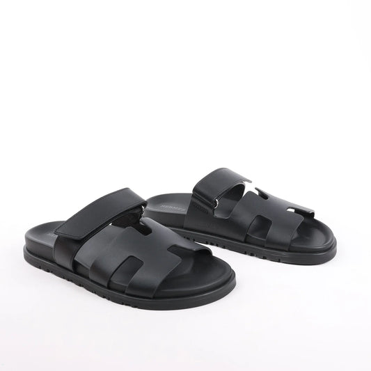 HERMES Cypre Leather Sandals in Black, Size 38.5 EU