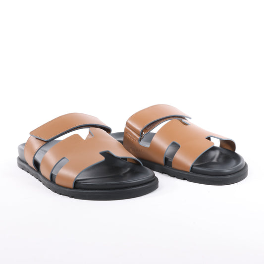 HERMES Cypre Leather Sandals in Brown Velcro Strap, Size 42 EU
