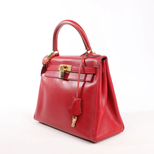 HERMÈS Kelly 28 Le Tournay Box Leather 2Way Handbag in Rouge ○U:1991