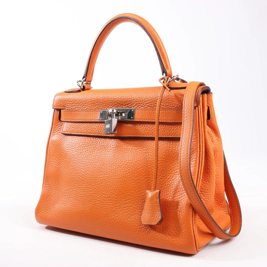 HERMÈS Kelly 28 Le Tournay Taurillon Clemence Handbag in Orange Silver Metal Fittings □H: 2004
