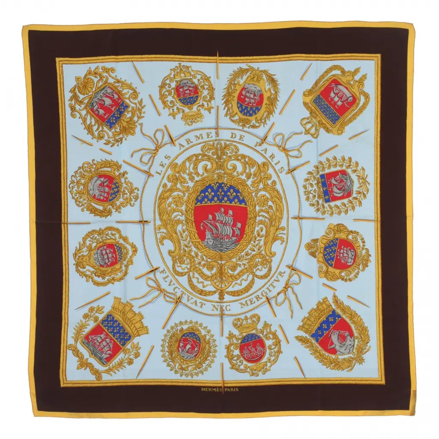 Hermès Carré 90 "Les Armes de Paris" 100% Silk Scarf in Brown and Blue