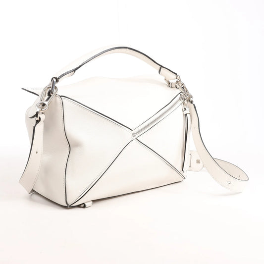 LOEWE Puzzle Medium Leather 2Way Handbag in White