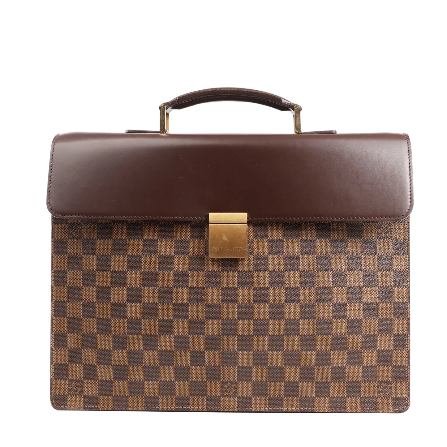 Louis Vuitton Damier Ebene Altona PM Handbag N53315 featuring brown checkered canvas, a dark leather flap, top handle, and gold-tone push-lock closure, displayed against a white background.