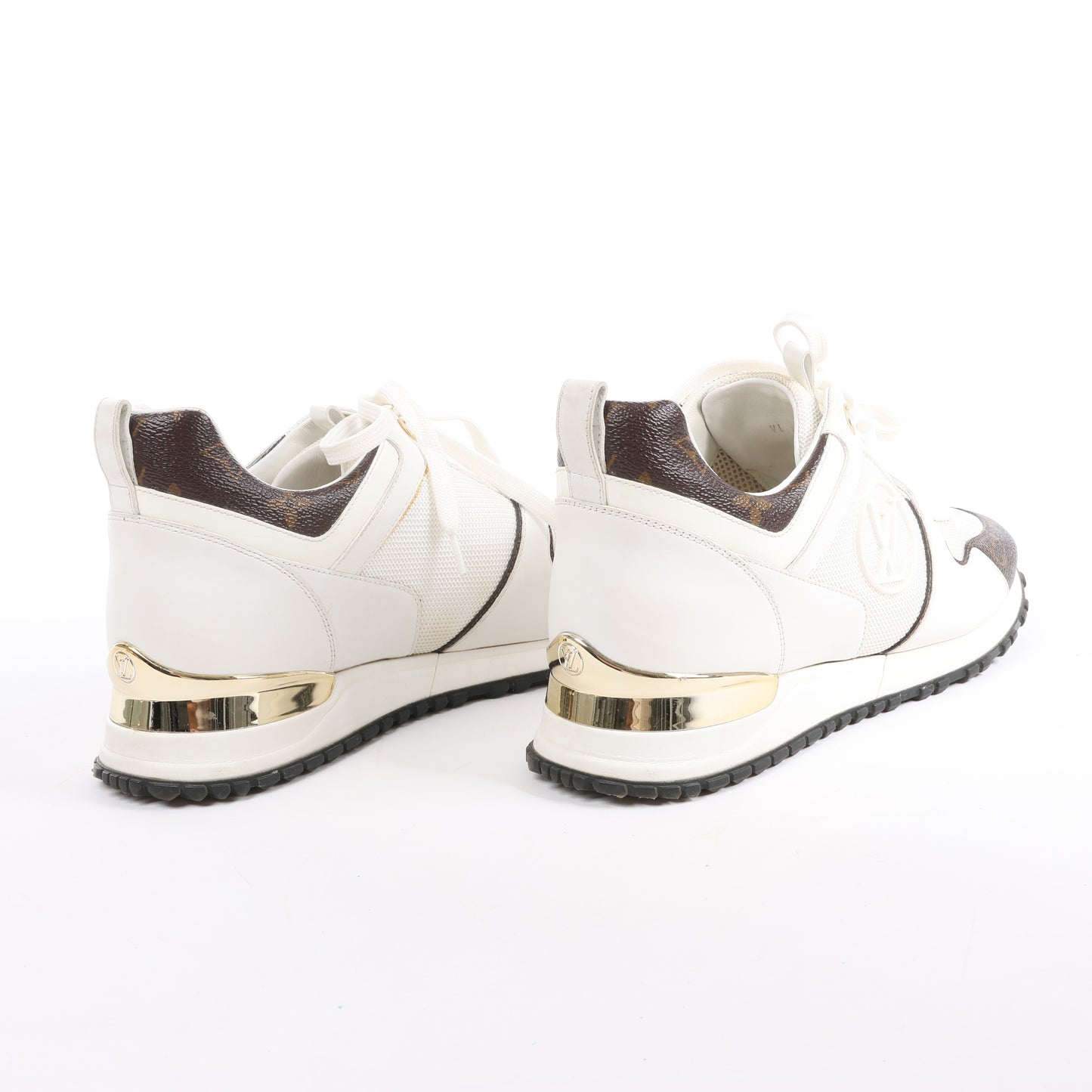 Baskets Louis Vuitton Run Away en toile monogram et mesh, blanc/marron, pointure 38,5 EU