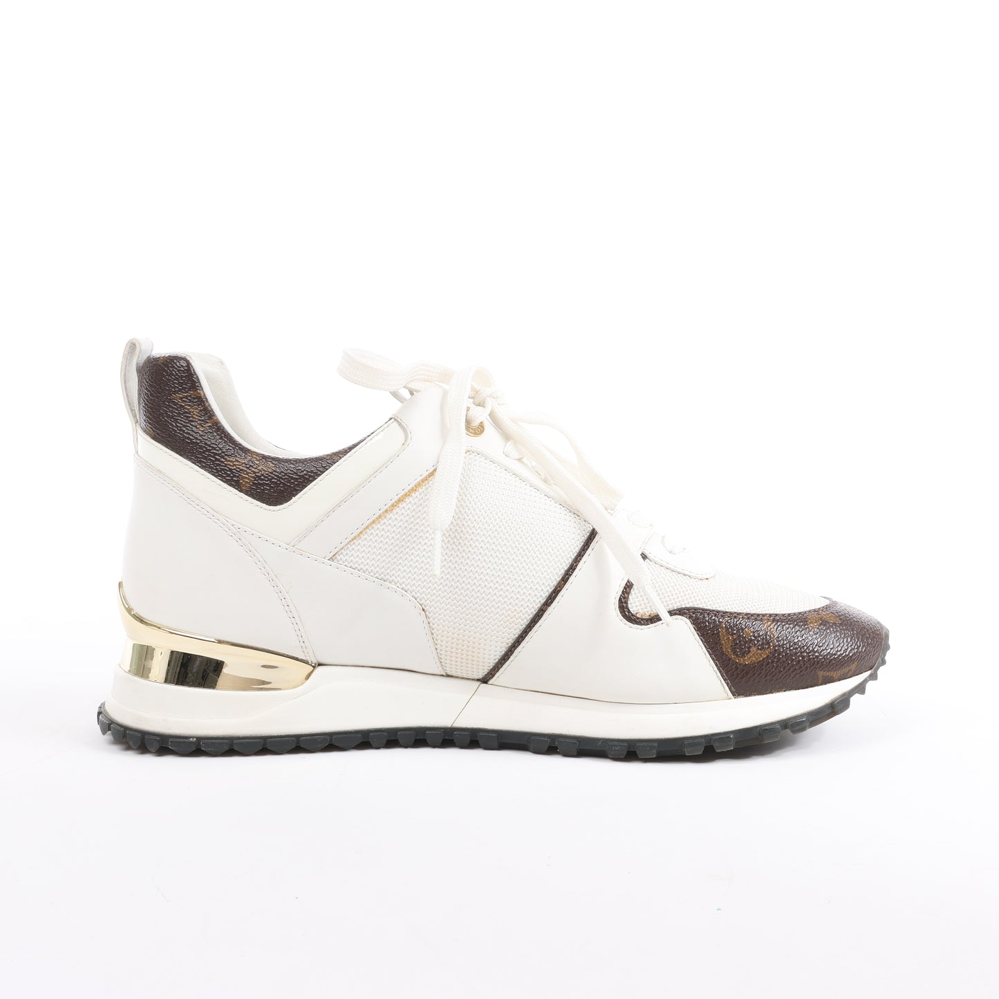 Baskets Louis Vuitton Run Away en toile monogram et mesh, blanc/marron, pointure 38,5 EU