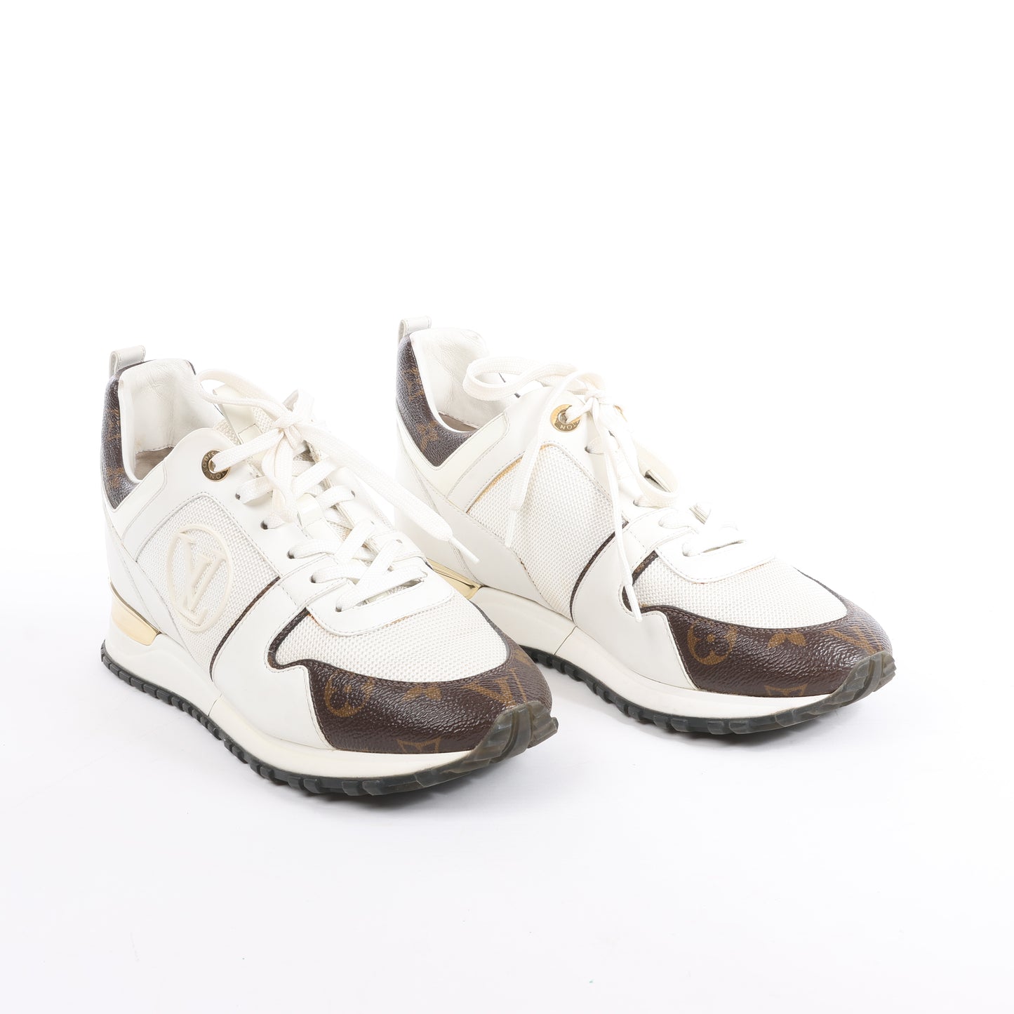 Baskets Louis Vuitton Run Away en toile monogram et mesh, blanc/marron, pointure 38,5 EU