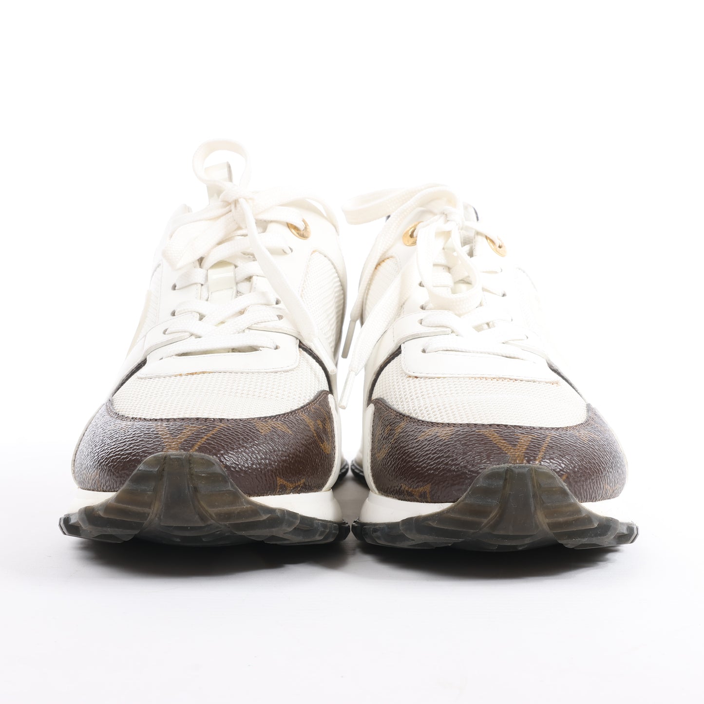 Baskets Louis Vuitton Run Away en toile monogram et mesh, blanc/marron, pointure 38,5 EU