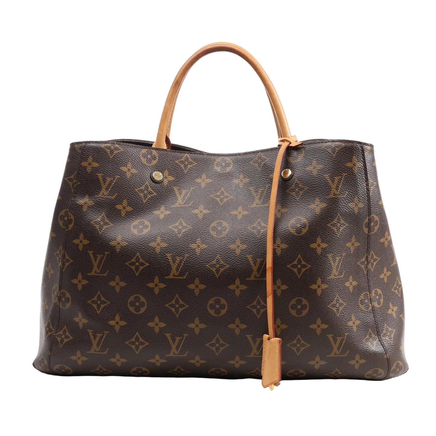 Louis Vuitton Monogram Montaigne GM Handbag featuring brown LV monogram canvas, tan leather top handles and trim, gold-tone hardware, and detachable shoulder strap, displayed on a white background.