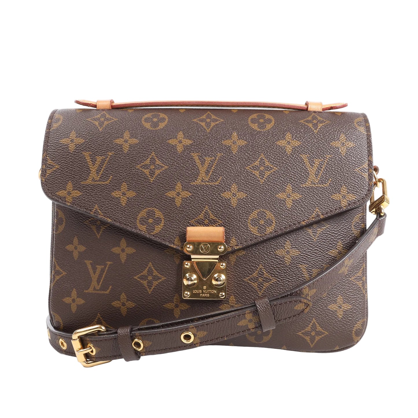 Louis Vuitton Monogram Pochette Metis handbag in brown coated canvas with all-over LV monogram, gold-tone S-lock closure, adjustable leather strap, and top handle, shown against a white background.