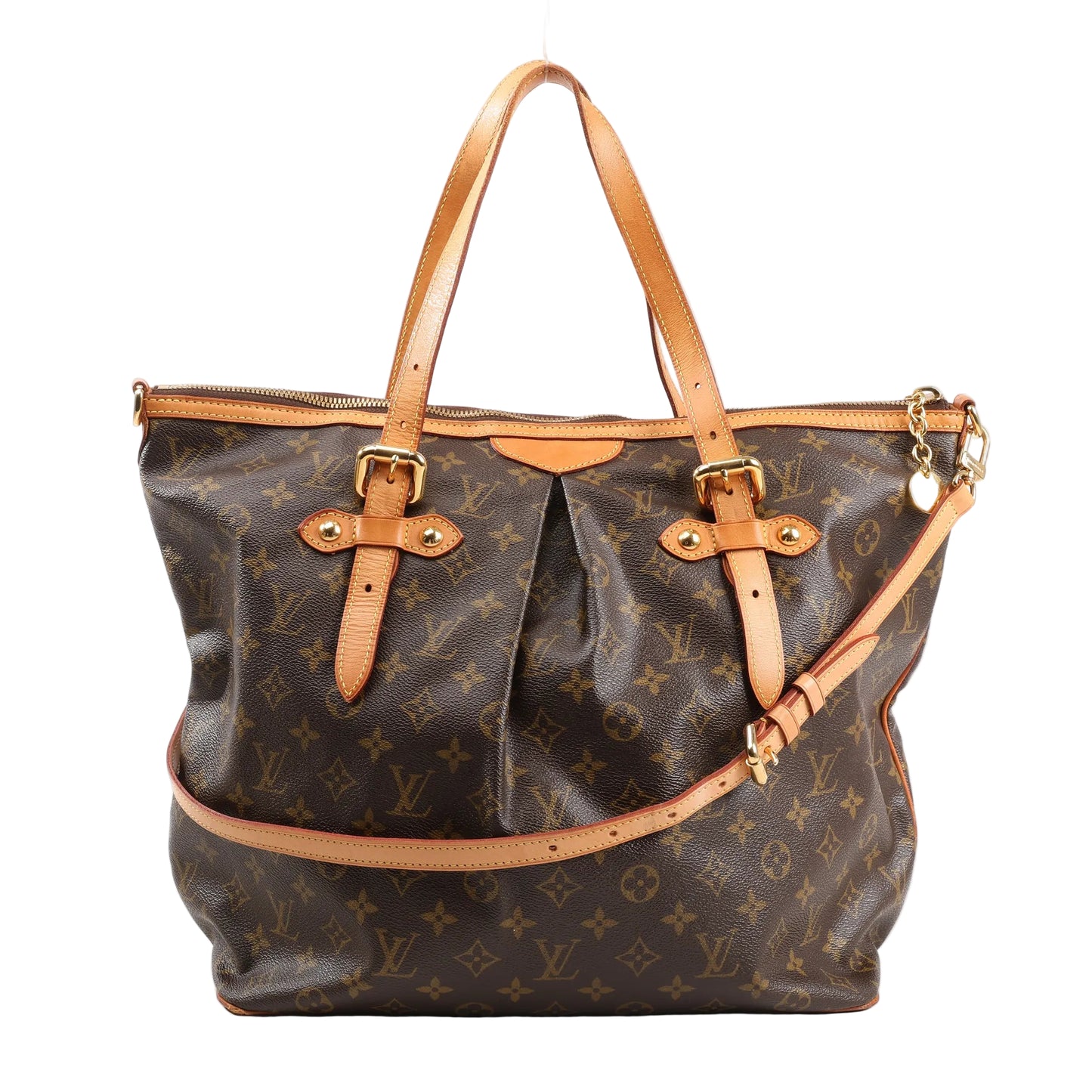 Louis Vuitton Monogram Palermo GM 2Way Handbag M40146 in brown coated canvas with classic LV monogram print, natural leather trim and handles, gold-tone hardware, pleated front design, and adjustable shoulder strap.