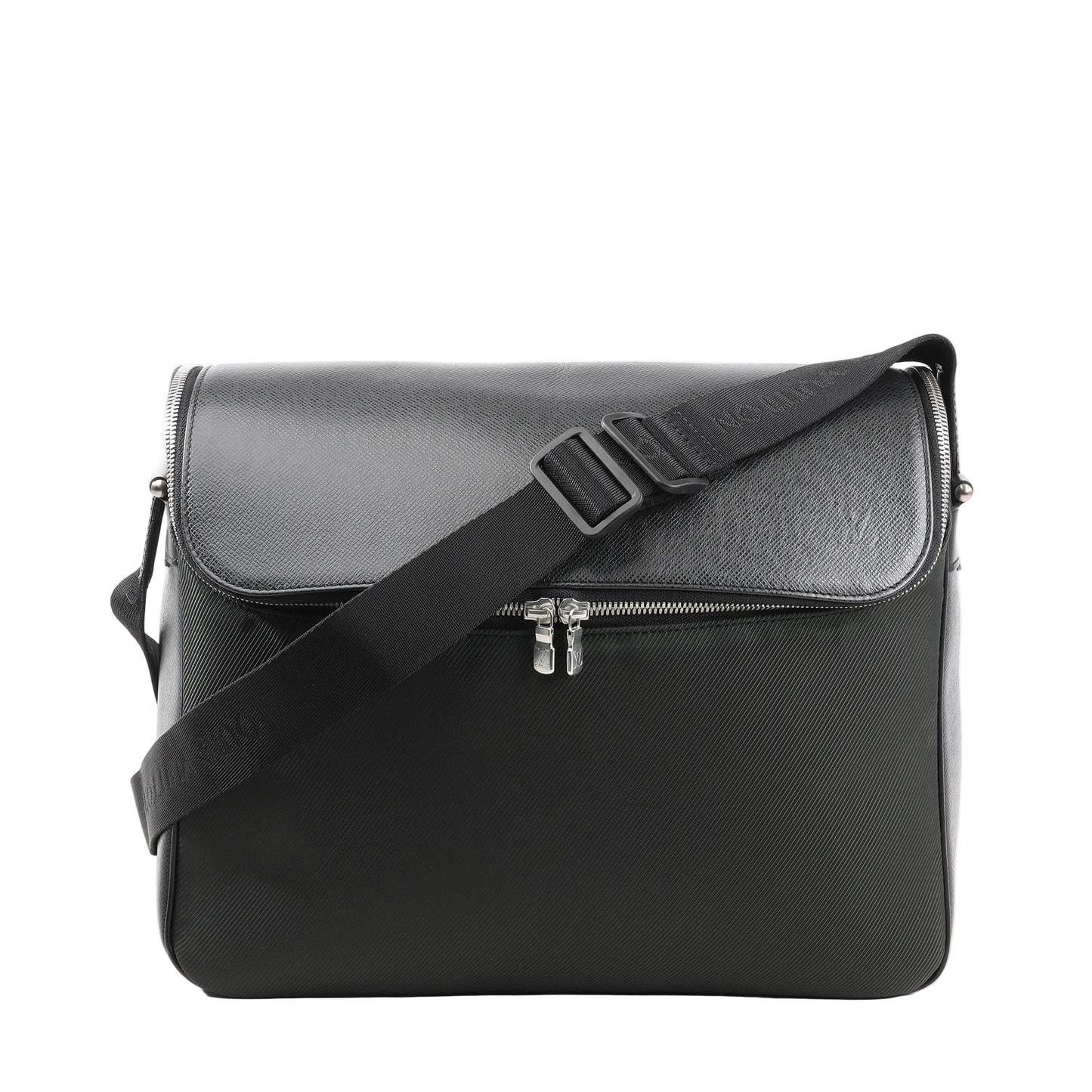 Louis Vuitton Taimyr Messenger Crossbody Bag M30862 in black Taiga leather, featuring a structured rectangular shape, front zip compartment, flap closure, and adjustable black fabric shoulder strap with subtle embossed branding, displayed against a white background.