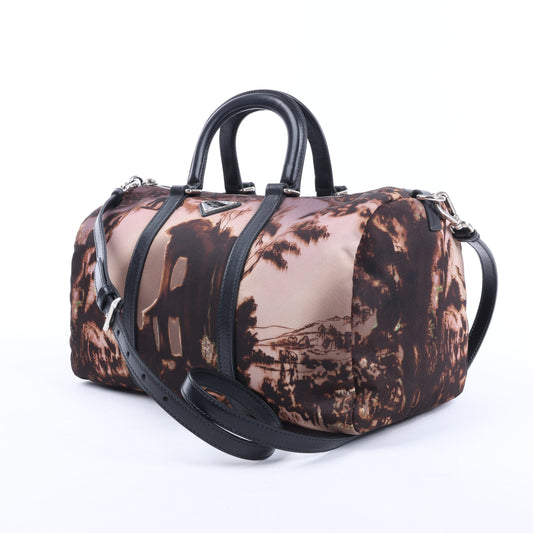 Sac à main Prada en nylon et cuir imprimé, double sens, noir et violet, BL0922