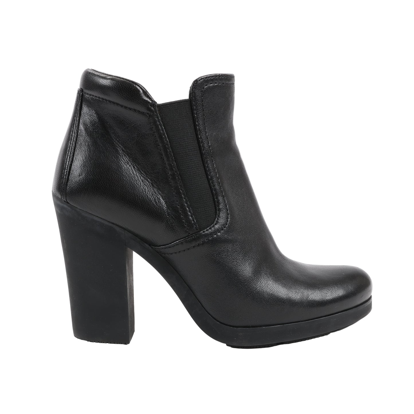 Prada Sport 3TP022 black leather ankle boot in Size 38 EU, featuring a rounded toe, elastic side gore panels, and a sturdy block heel, displayed in profile against a white background.