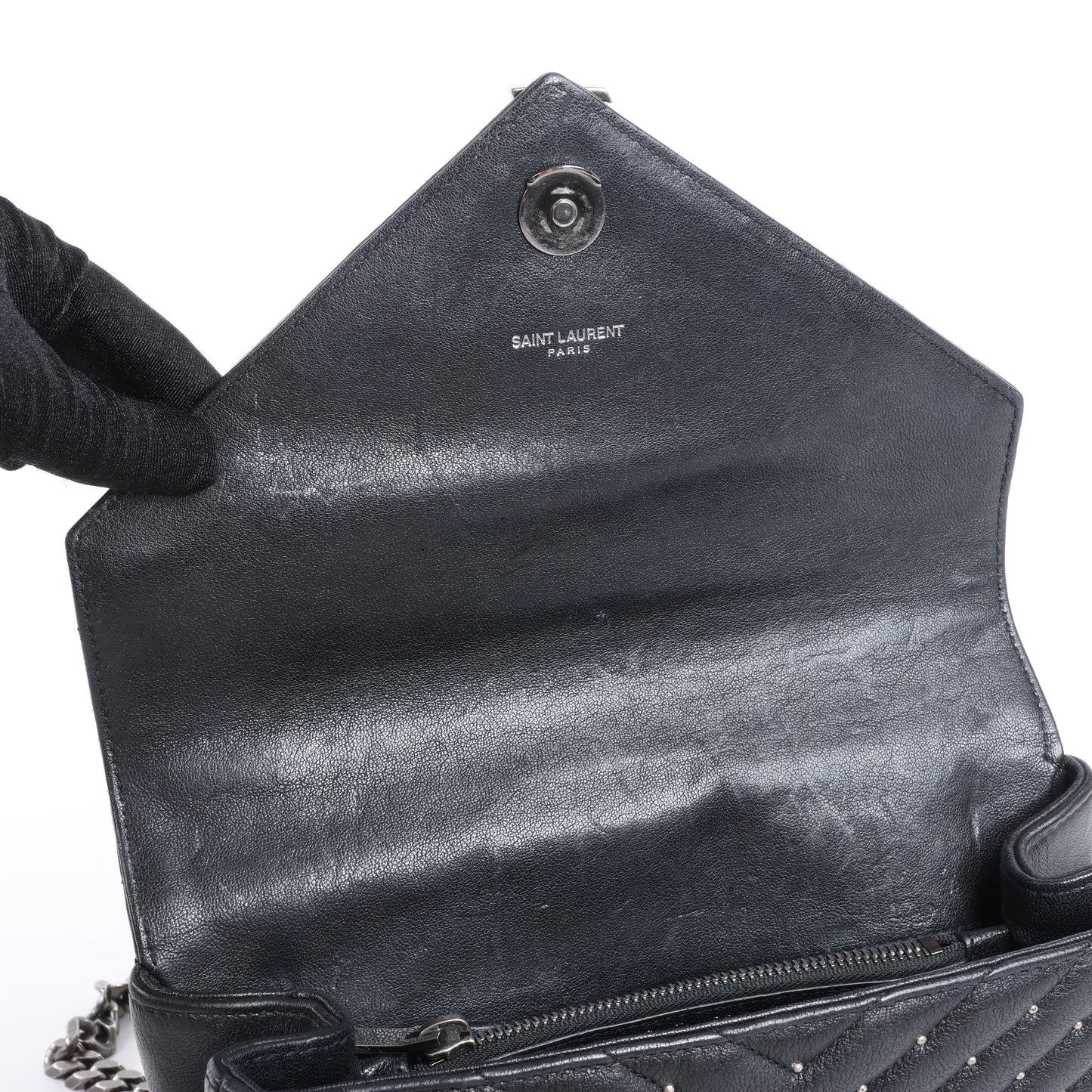 Saint Laurent Paris College Leather x Rhinestone Chain Shoulder Bag in Black 428056