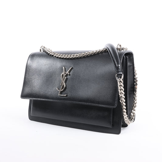 Sac bandoulière chaîne en cuir Sunset moyen Saint Laurent Paris, noir 498779