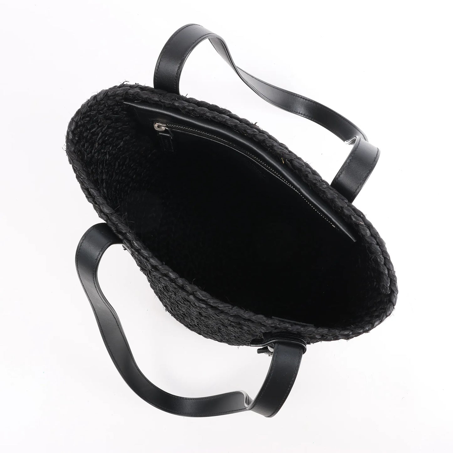 Saint Laurent Paris Panier Small Raffia x Leather Shoulder Bag in Black 693240