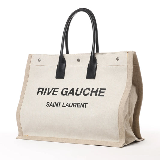 Saint Laurent Rive Gauche Große Tragetasche aus bedrucktem Canvas und Leder in Beige 499290