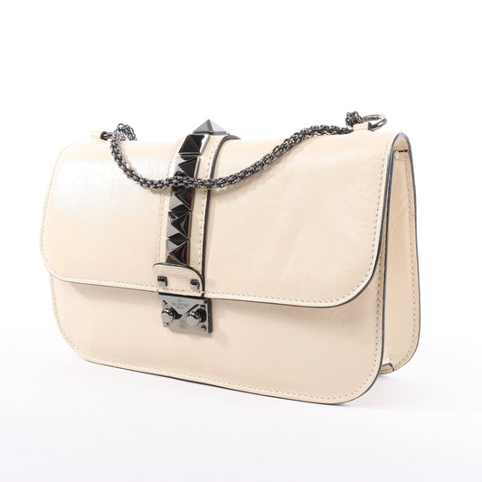 Valentino Rockstud Glam Lock Leather Chain Shoulder Bag in Beige