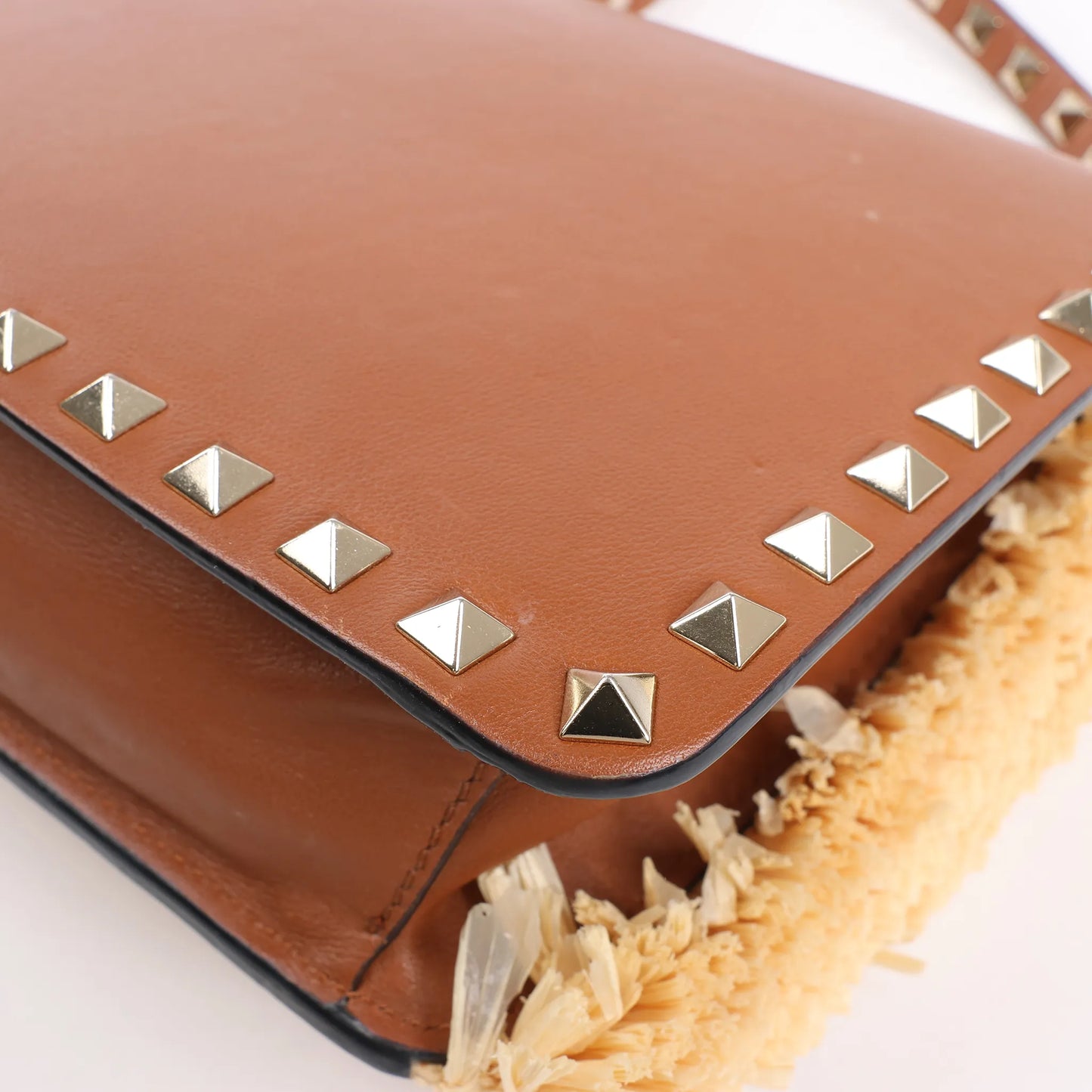 Valentino Garavani Straws x Leather Shoulder bag Beige x Brown
