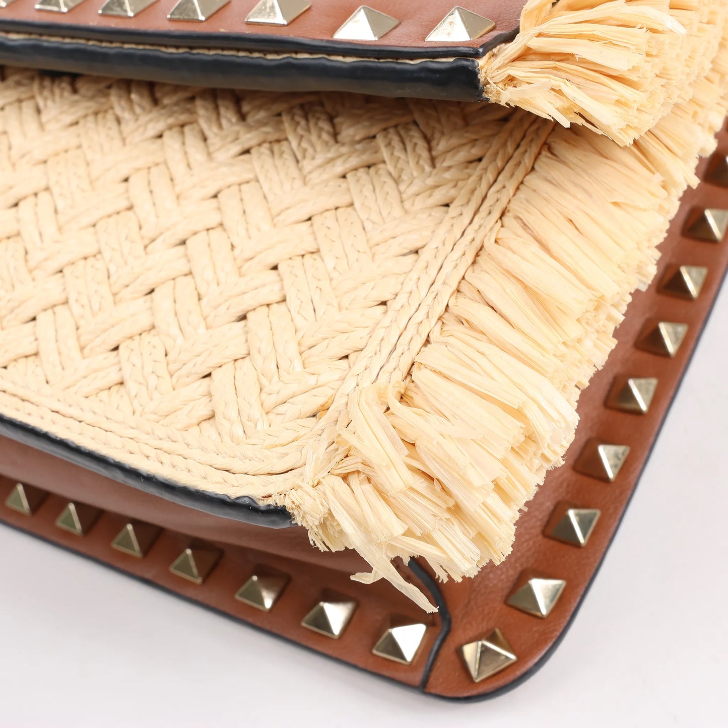 Valentino Garavani Straws x Leather Shoulder bag Beige x Brown