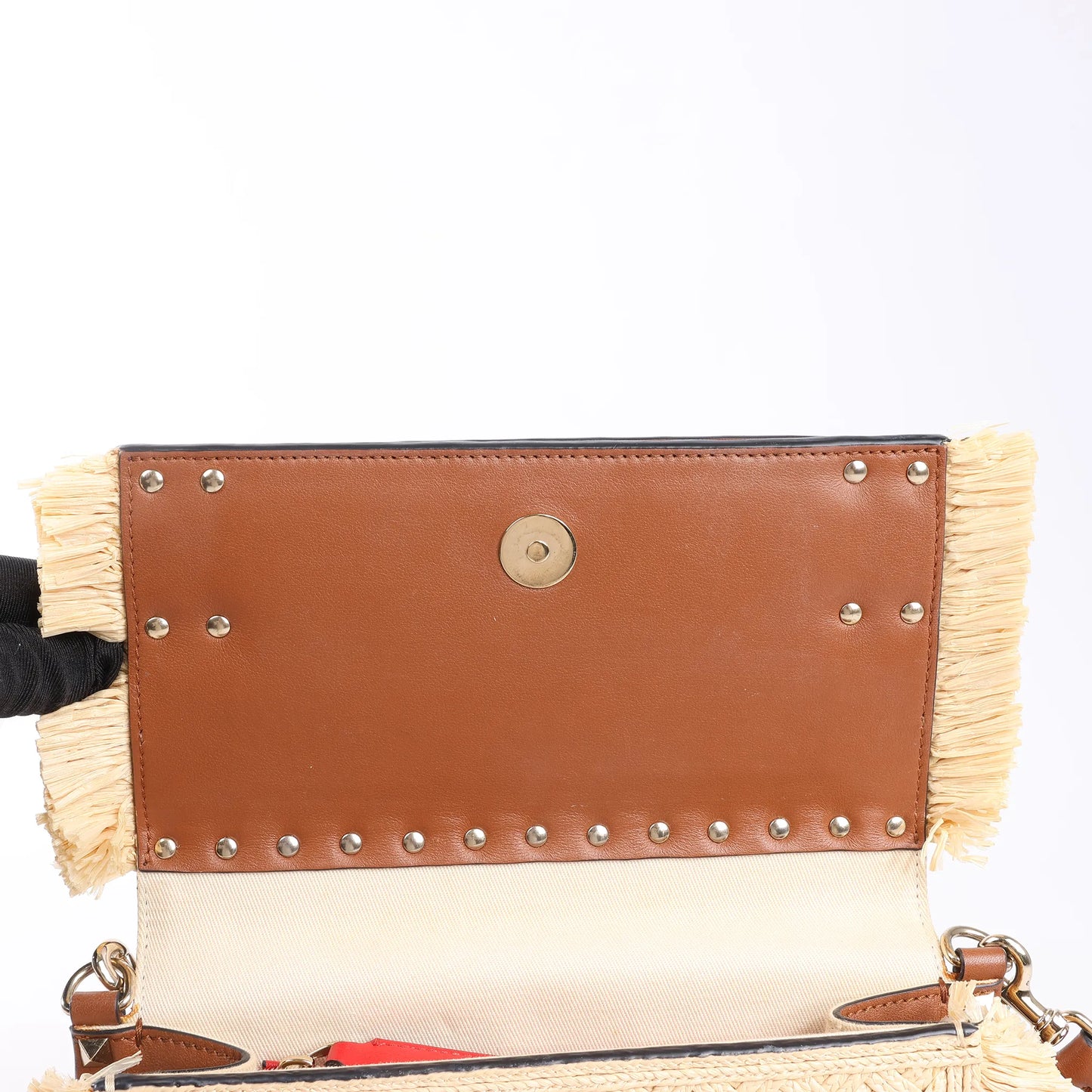 Valentino Garavani Straws x Leather Shoulder bag Beige x Brown