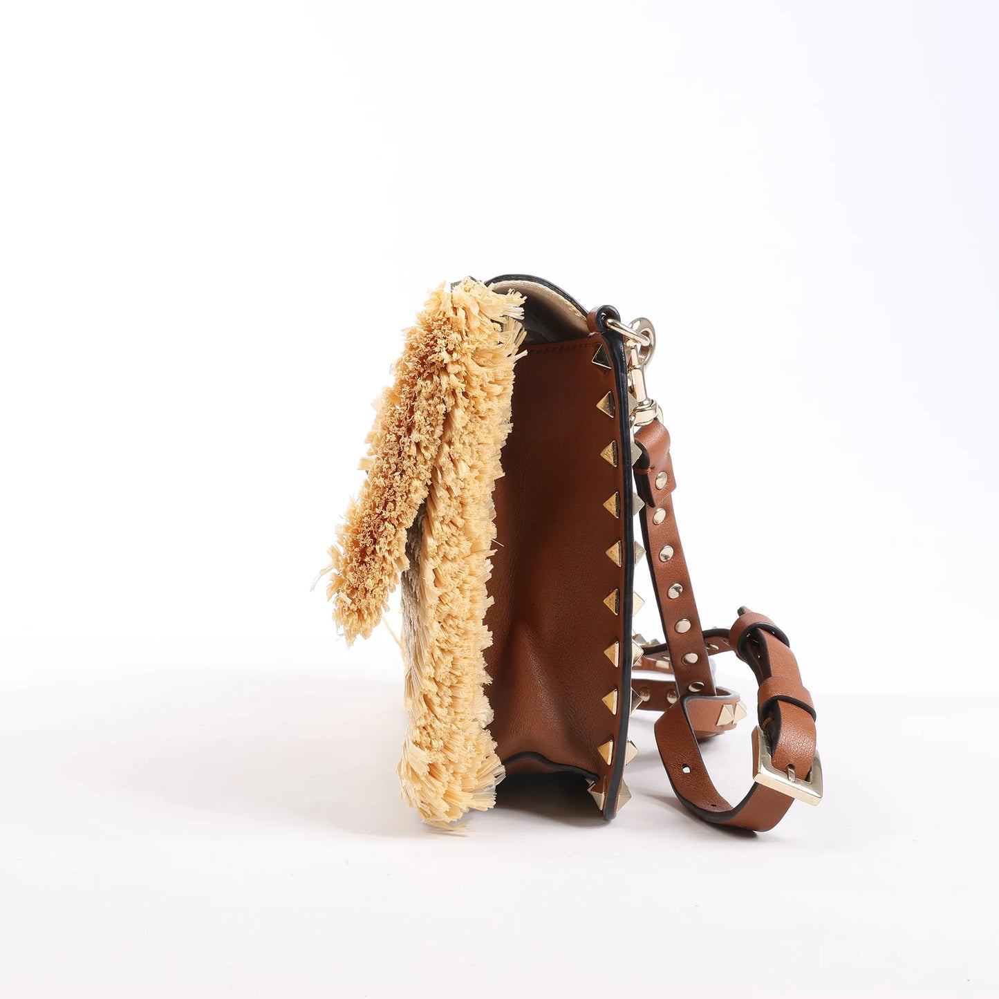 Valentino Garavani Straws x Leather Shoulder bag Beige x Brown
