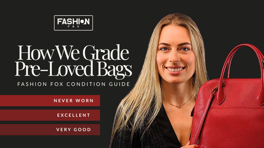 Ilze from Fashion Fox smiling and holding a red designer handbag, with text reading “How We Grade Pre-Loved Bags – Fashion Fox Condition Guide – Never Worn, Very Good, Excellent” on a dark background.