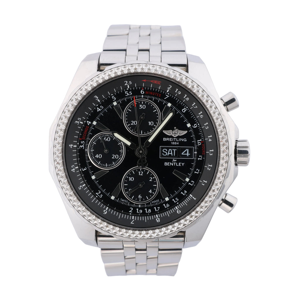 Breitling Bentley GT stainless steel chronograph watch with black dial, three contrasting subdials, date display and metal bracelet.
