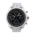 Breitling Bentley GT stainless steel chronograph watch with black dial, three contrasting subdials, date display and metal bracelet.