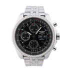 Breitling Bentley GT stainless steel chronograph watch with black dial, three contrasting subdials, date display and metal bracelet.