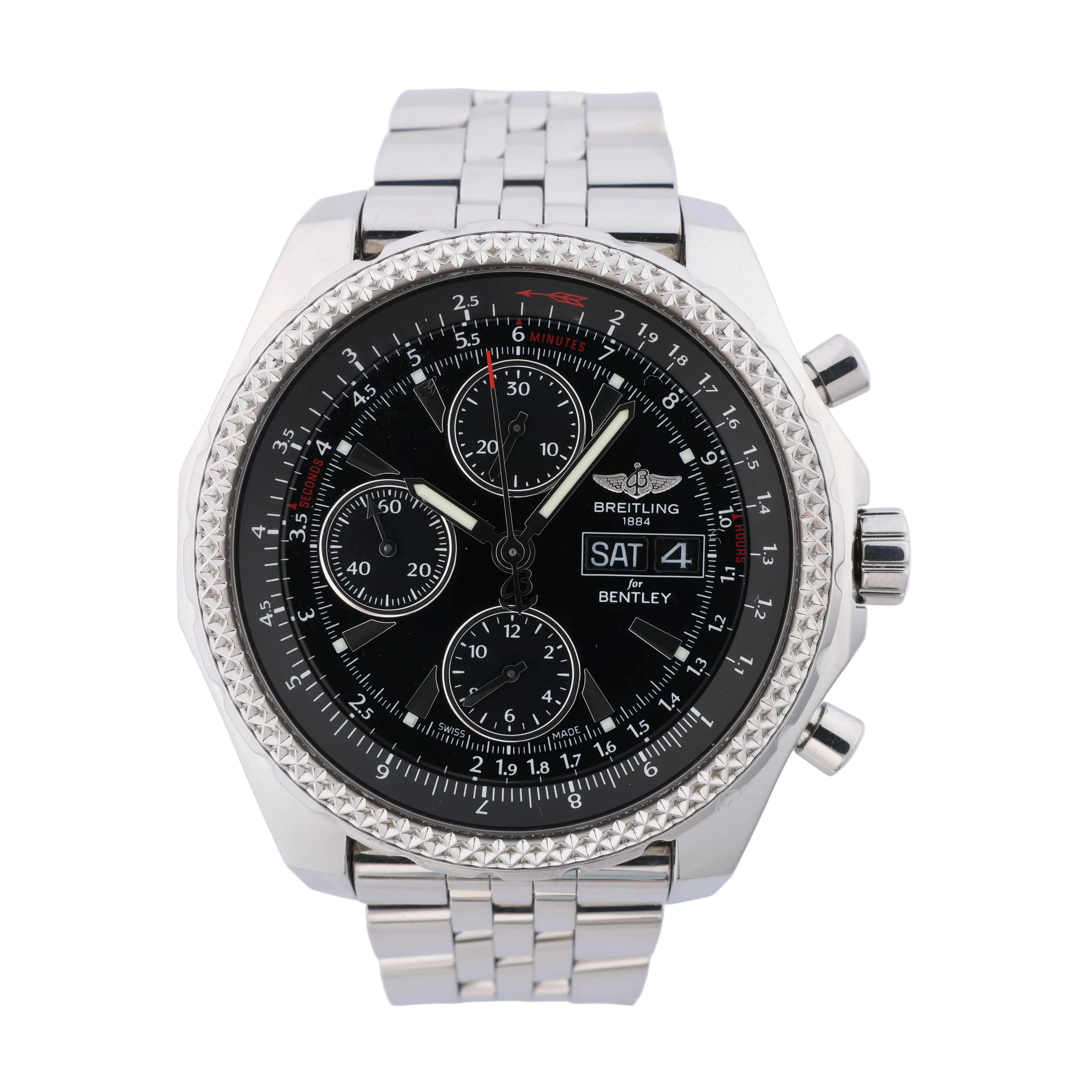 Breitling Bentley GT stainless steel chronograph watch with black dial, three contrasting subdials, date display and metal bracelet.