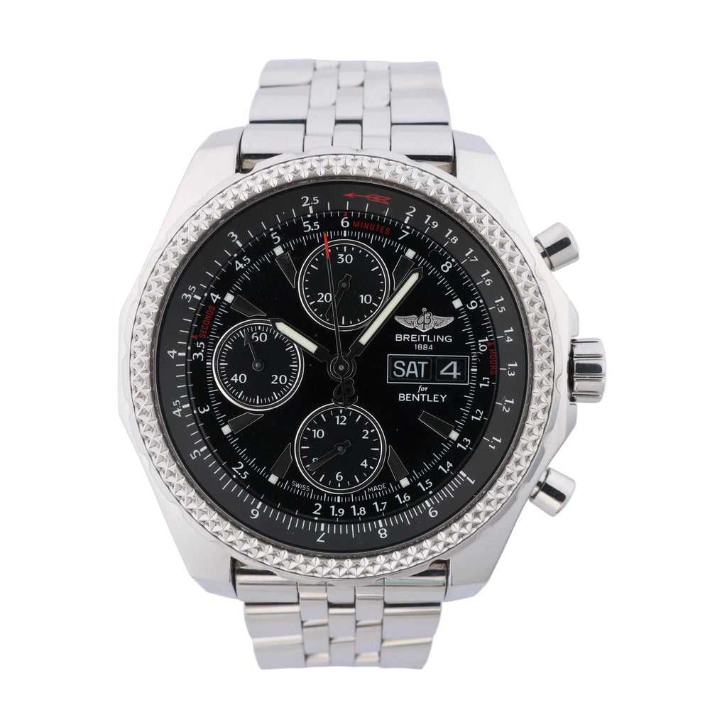 Breitling Bentley GT stainless steel chronograph watch with black dial, three contrasting subdials, date display and metal bracelet.