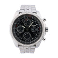 Breitling Bentley GT stainless steel chronograph watch with black dial, three contrasting subdials, date display and metal bracelet.