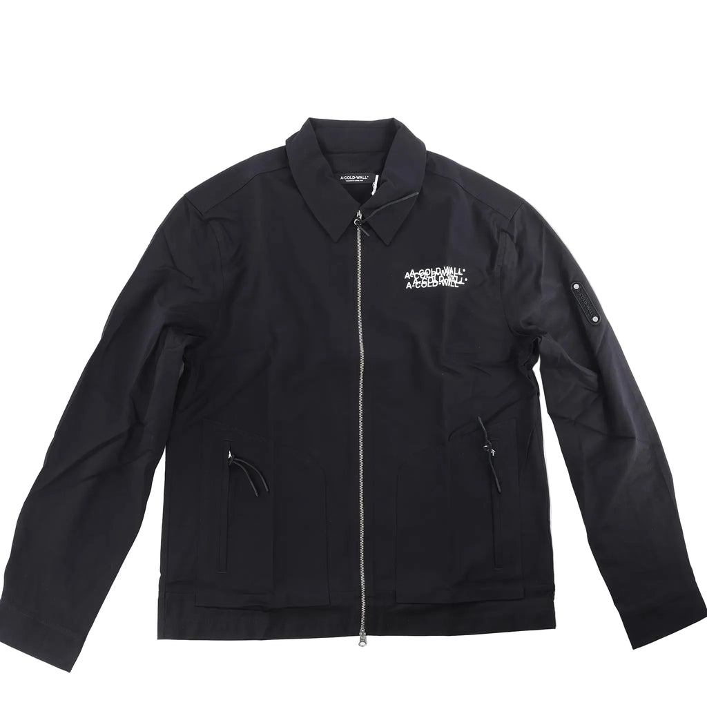 A-COLD-WALL* black tech jacket with white logo overlay print, pointed collar, two-way front zip and two zipped pockets.
