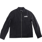 A-COLD-WALL* black tech jacket with white logo overlay print, pointed collar, two-way front zip and two zipped pockets.