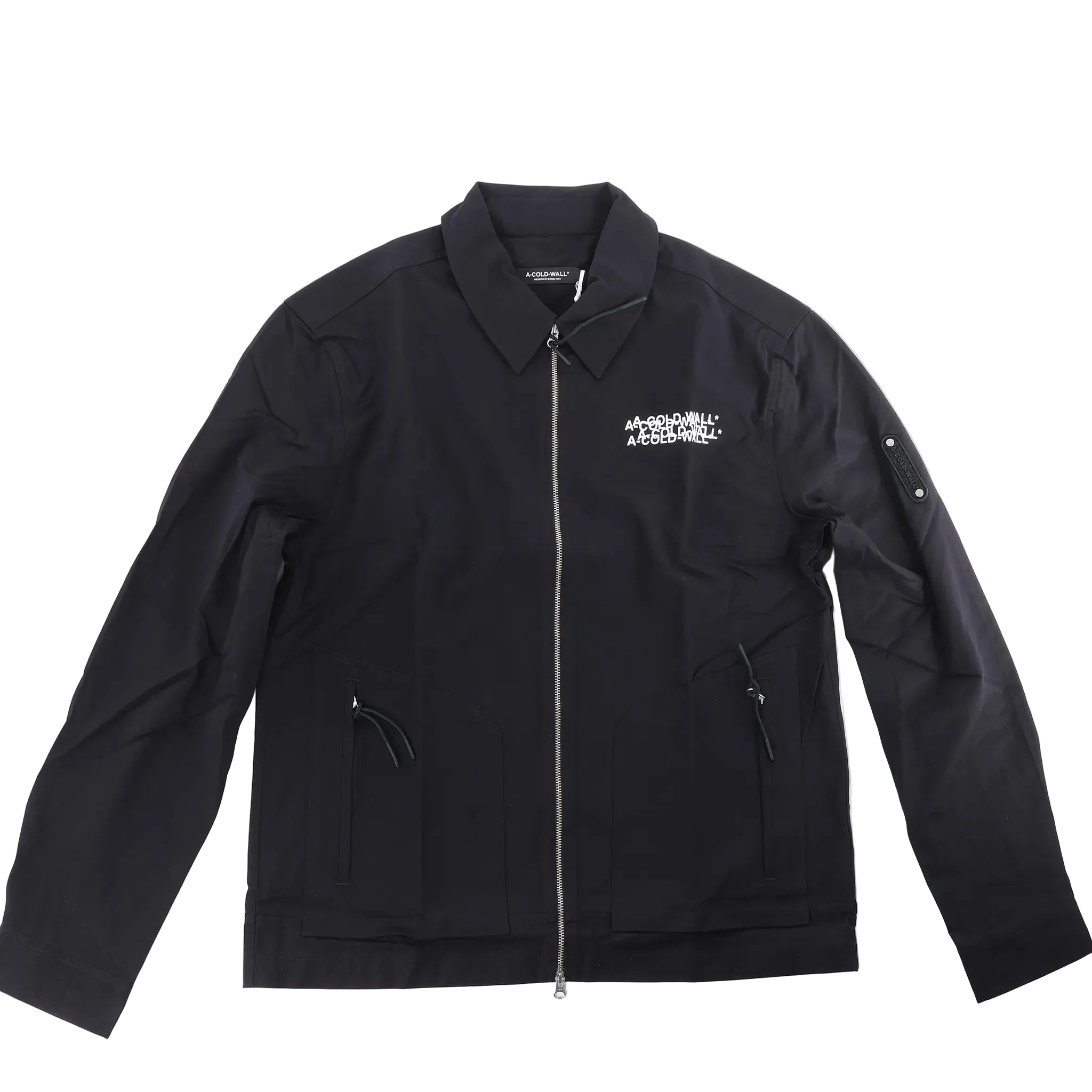 A-COLD-WALL* black tech jacket with white logo overlay print, pointed collar, two-way front zip and two zipped pockets.