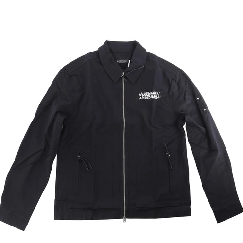 A-COLD-WALL* black tech jacket with white logo overlay print, pointed collar, two-way front zip and two zipped pockets.