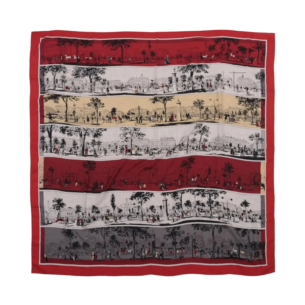 Hermès A L'Ombre des Boulevards Carré Géant scarf laid flat, with red, cream, grey and black striped panels and illustrated boulevard scenes.