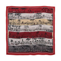 Hermès A L'Ombre des Boulevards Carré Géant scarf laid flat, with red, cream, grey and black striped panels and illustrated boulevard scenes.
