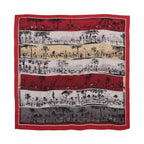 Hermès A L'Ombre des Boulevards Carré Géant scarf laid flat, with red, cream, grey and black striped panels and illustrated boulevard scenes.