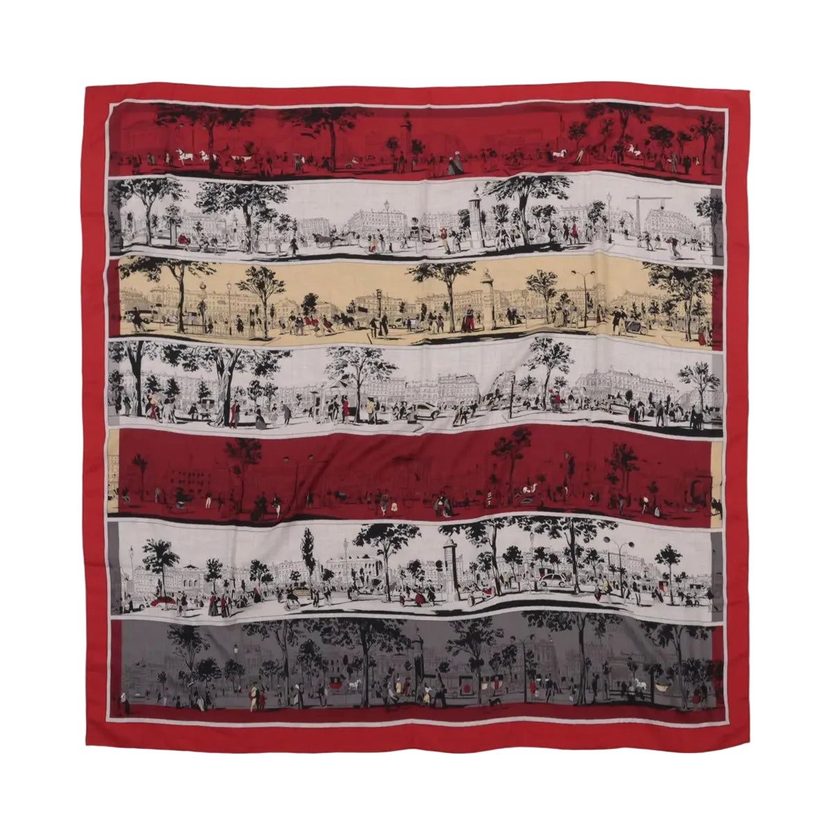 Hermès A L'Ombre des Boulevards Carré Géant scarf laid flat, with red, cream, grey and black striped panels and illustrated boulevard scenes.