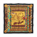 Hermès Carré 90 La Femme aux Semelles de Vent silk scarf with black border, golden landscape, floral panels, leopard and tiger-print details.