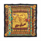 Hermès Carré 90 La Femme aux Semelles de Vent silk scarf with black border, golden landscape, floral panels, leopard and tiger-print details.